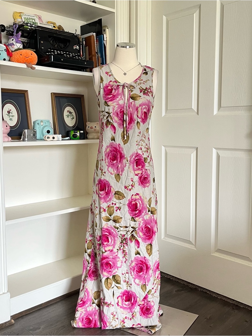 90s Newport News mixes linen Pink floral maxi dress with tie front